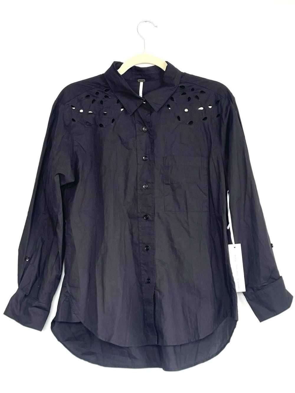Young Fabulous & Broke Black Button Down Shirt Laser Cut Shoulder Slit XS NWT